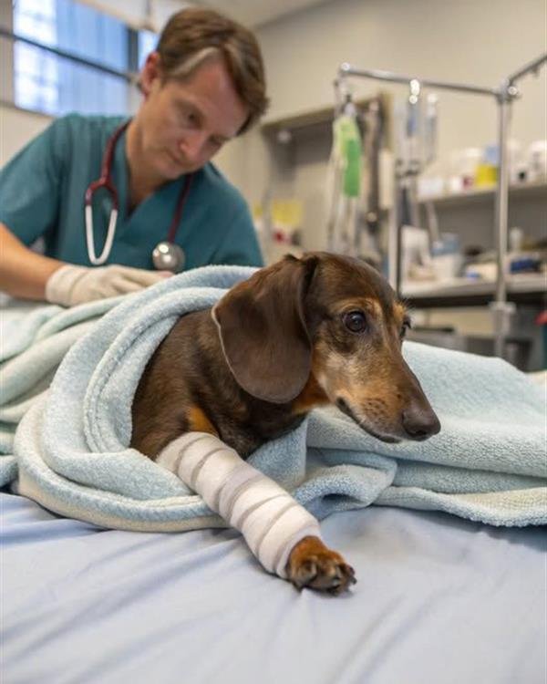 Dachshund receiving veterinary care