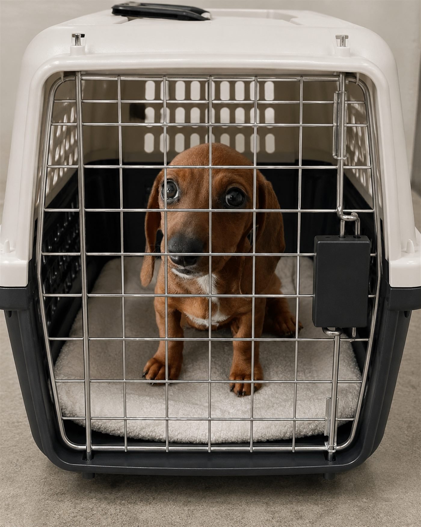 Dachshund puppy in a safe travel carrier